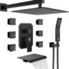 Waist Massage Spray Shower System with 6 Body Jets and Tub Spout, 12'' Rainfall Bathtub Shower System with Shower Jet, Wall Mounted Rain Shower and Handheld Shower Faucet Sets Complete, Matte Black