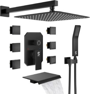 Waist Massage Spray Shower System with 6 Body Jets and Tub Spout, 12'' Rainfall Bathtub Shower System with Shower Jet, Wall Mounted Rain Shower and Handheld Shower Faucet Sets Complete, Matte Black