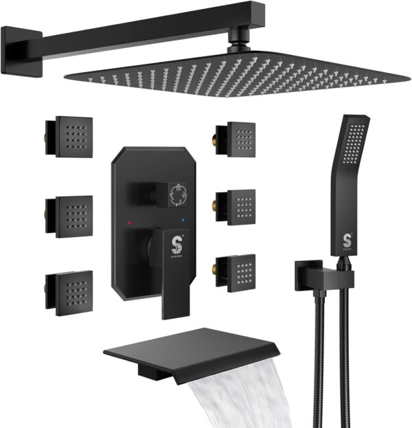Waist Massage Spray Shower System with 6 Body Jets and Tub Spout, 12'' Rainfall Bathtub Shower System with Shower Jet, Wall Mounted Rain Shower and Handheld Shower Faucet Sets Complete, Matte Black