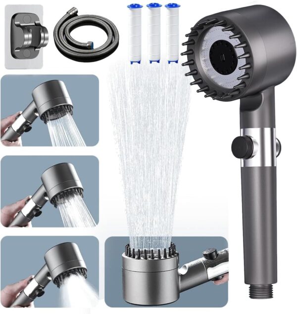 Ion Drops Shower Head with 60 Inch Hose, 4 Spray Mode Showerhead with Handheld for Hard Water, Detachable Shower Filter Head High Pressure Shower Head with On/Off Switch, Grey