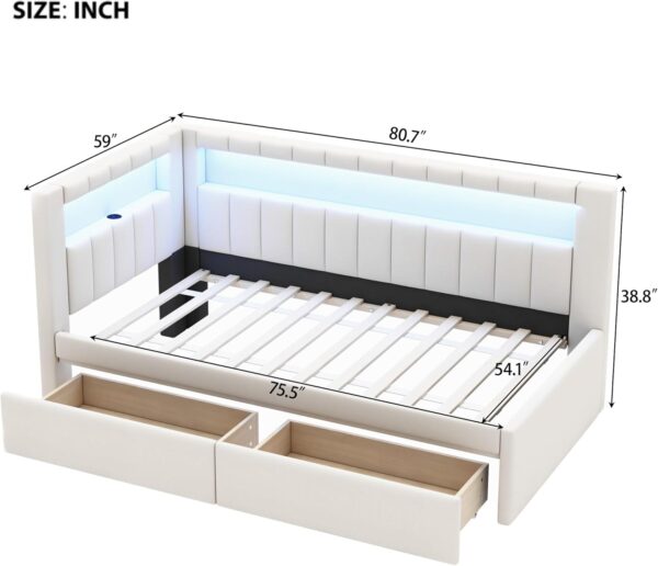 Merax Modern Upholstered Platform Bed Frame with USB Ports & Storage Drawers, Floor Sofa Day Bed, No Box Spring Needed/Easy Assemble/Twin,White