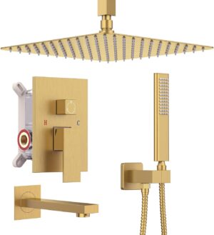 Iriber Ceiling Brushed Gold Rain Shower System with Waterfall Tub Spout 3 Function Shower Faucet Set Contain 12 Inch Shower Head and Handheld Brushed Brass Shower Trim Kit (Valve Included)
