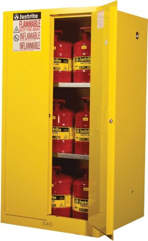 Justrite 60 Gallon Manual Close Flammable Storage Cabinet, 18 Gauge Steel, 2 Shelves, 2 Door Fire Cabinet, 65" x 34" x 34", Made in The USA, Yellow, 896000