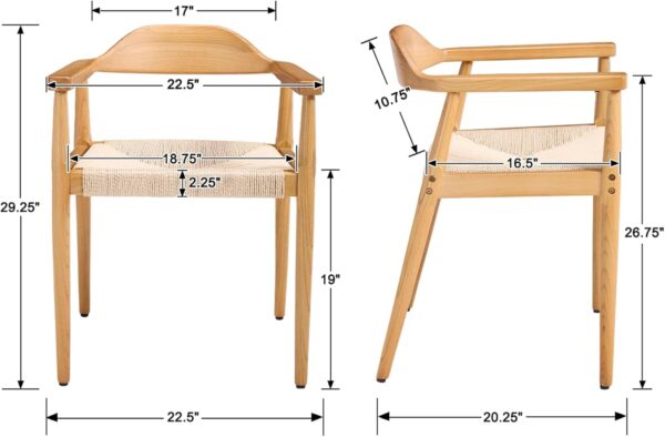 Wahson Mid Century Dining Chairs Set of 2, Natural Wood Modern Kitchen Chairs with Arms, Woven Rope Dining Table Chairs with Hemp Seat
