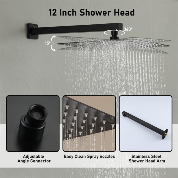 Bathroom Luxury Shower System Set 12 Inch Rainfall Shower Head System High Pressure Rainfall Shower Faucet in Matte Black Shower Head,Wall Mounted (12" 3-Function, Matte Black)