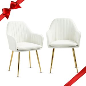 ECOTOUGE Velvet Dining Chairs Set of 2, Modern Arm Chair with Golden Metal Legs, Living Room Accent Chairs for Kitchen, Beige