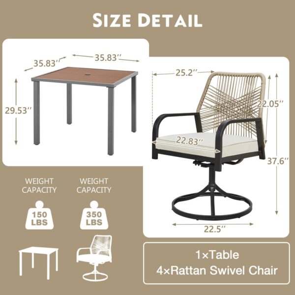 MELLCOM 5-Piece Outdoor Dining Set, 4 Swivel Rattan Chairs with Thick Cushions & Square Dining Table with Umbrella Hole, Patio Furniture Set for Porch, Garden, Backyard, Poolside, Deck, Beige