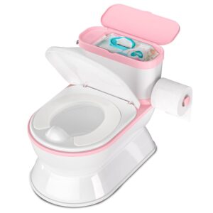 2-in-1 Toddler Potty Training Toilet - Larger Potty Chair & Detachable Training Seat for Boys & Girls Ages 1-3 with Flushing Sound, Wipes Storage, Toilet Paper Holder - Pink