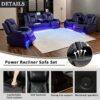 A Ainehome Power Recliner Set, Leather Sectional Sofa Set for Living Room, Home Theater, with LED Lights, Cup Holder, Hide-Away Storage(B-Black,3pcs Sofa Set)