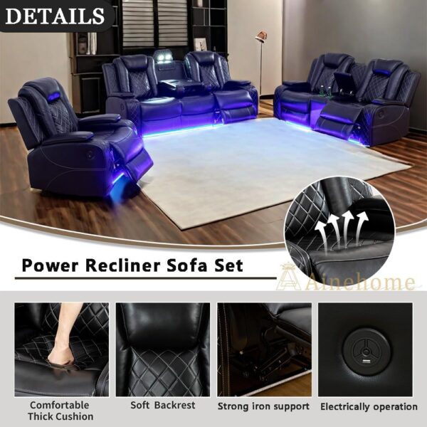 A Ainehome Power Recliner Set, Leather Sectional Sofa Set for Living Room, Home Theater, with LED Lights, Cup Holder, Hide-Away Storage(B-Black,3pcs Sofa Set)