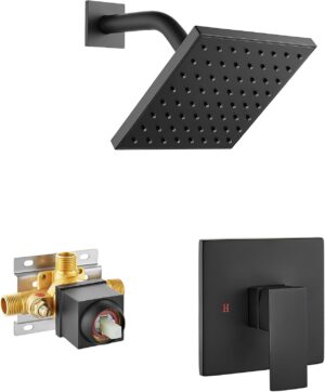 Bathtub Shower Faucet Set,6 Inch Square Shower Trim Kit Single Handle Shower System,Showerhead and Handle Set Male Thread Pressure Balance Valve,Without Tub Spout,Matte Black