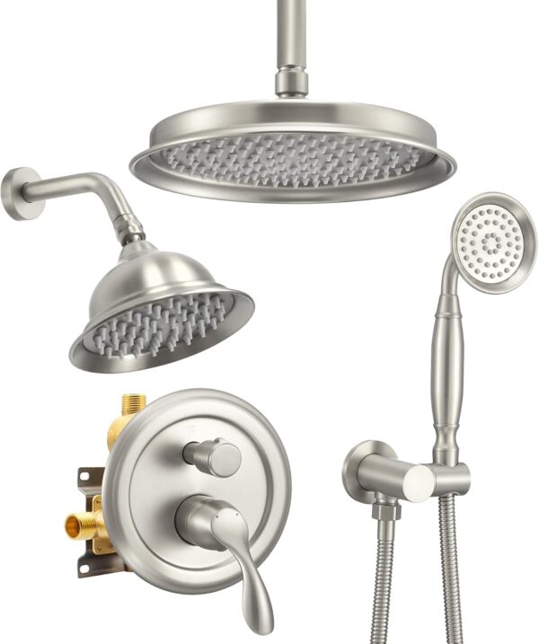 DASAN Antique Dual Shower Head Faucet Set, Brushed Nickel Dual Rain Shower Head System Complete Double Head Shower Fixture Combo, 9'' & 6'' Dual Rainfall Overhead Shower with Handheld, Valve & Trim