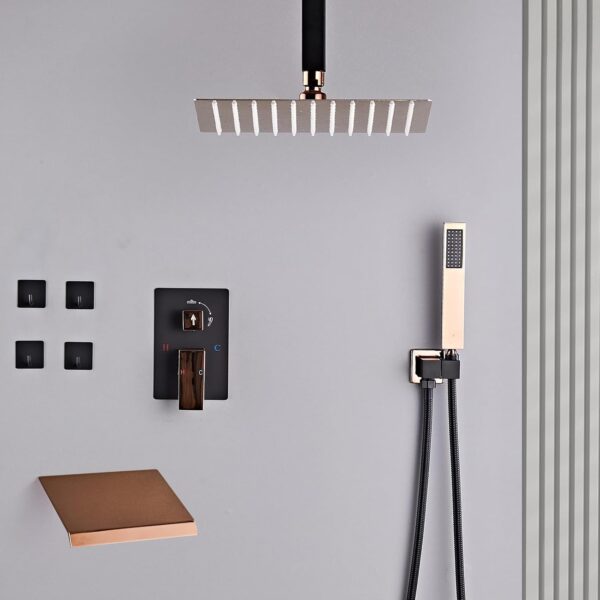 12 Inch Ceiling Mount Shower System Matte Black Gold Rain Mixer Shower Combo Set High Pressure Rainfall Shower Head System Bathroom Luxury Shower Faucet Set Rough-in Valve and Trim Included