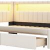Merax Modern Upholstered Platform Bed Frame with USB Ports & Storage Drawers, Floor Sofa Day Bed, No Box Spring Needed/Easy Assemble/Twin,White
