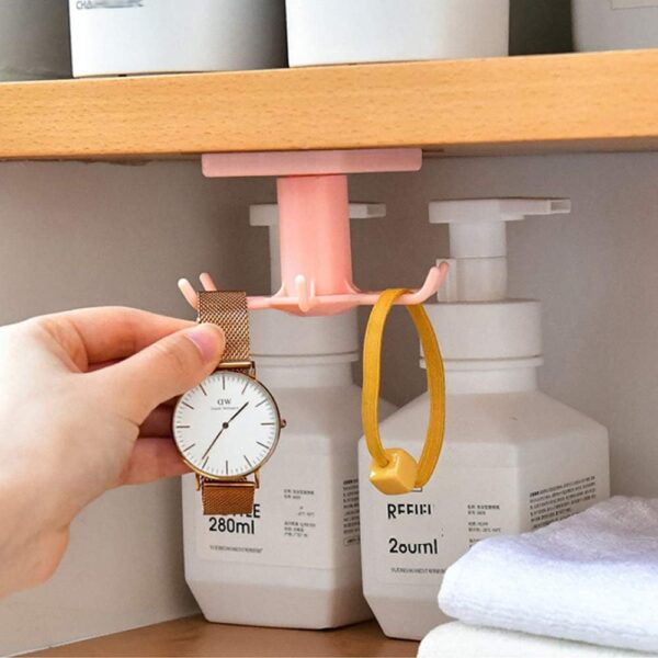 2pcs Under Cabinet Kitchen Utensil Hooks,360° Rotating Drilling Free Adhesive Utensils Hanging Rack for Tools/Towel/Knife (Black)