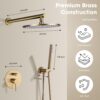 TRUSTMI 12 inch Round Bathroom Luxury Rain Mixer Combo Set Wall Mounted Rainfall Shower Head System Brushed Gold, (Contain Faucet Rough-in Valve Body and Trim)