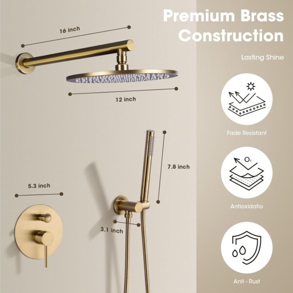 TRUSTMI 12 inch Round Bathroom Luxury Rain Mixer Combo Set Wall Mounted Rainfall Shower Head System Brushed Gold, (Contain Faucet Rough-in Valve Body and Trim)