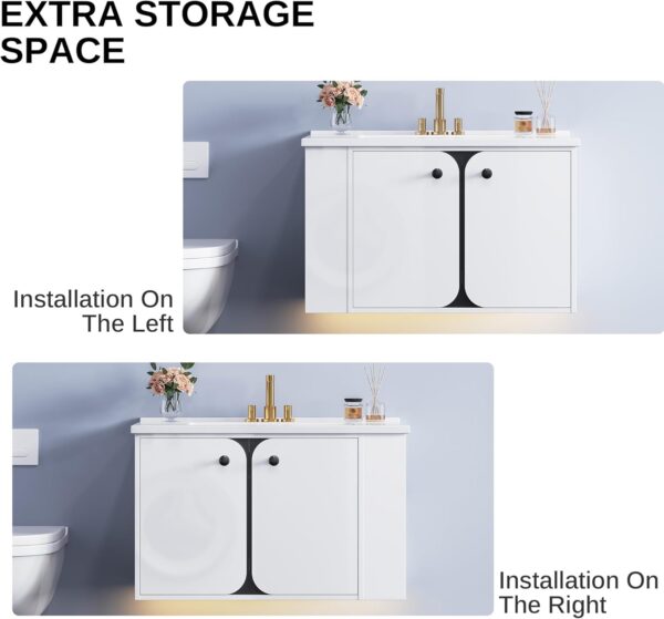 IRONCK 30" Bathroom Vanity with Sink, Floating Bathroom Sink Cabinet with LED Light & Extra Shelves, High Gloss Modern Clearance Bathroom Vanities, White