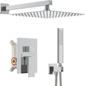 Iriber Chrome Shower System 10 Inch High Pressure Rainfall Shower Head Brass Shower Set Bathroom Rain Shower Mixer Shower Valve Modern Rain Shower and Shower Faucet and Handheld Combo Set