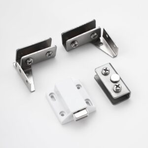 Stainless Steel Glass Door Hinge Double Head Magnetic Catch Closures with ABS Clamp Set for 5-7mm Glass Doors (1, White)