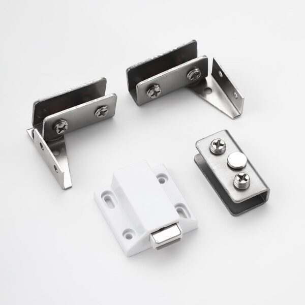 Stainless Steel Glass Door Hinge Double Head Magnetic Catch Closures with ABS Clamp Set for 5-7mm Glass Doors (1, White)