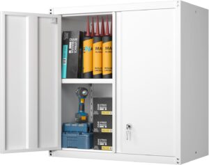 GREATMEET Metal Wall Cabinet, Metal Wall Cabinets for Garage, Wall Mount Cabinet with Lock, Upper Cabinets Wall Mounted, Hanging Utility Cabinet with Adjustable Shelf