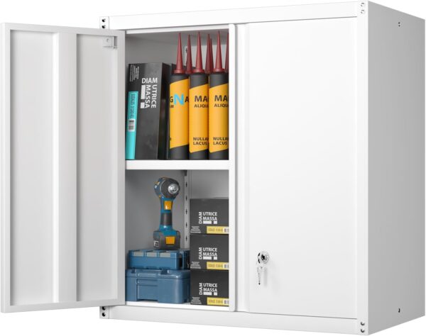 GREATMEET Metal Wall Cabinet, Metal Wall Cabinets for Garage, Wall Mount Cabinet with Lock, Upper Cabinets Wall Mounted, Hanging Utility Cabinet with Adjustable Shelf