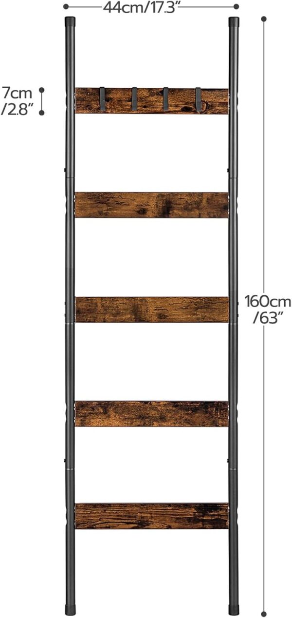 HOOBRO Blanket Ladder, 5-Tier Towel Rack with Hooks, Wall-Leaning Blanket Rack, Decorative Display Ladder Shelf, Scarves, Industrial, Living Room, Bedroom, Rustic Brown and Black BF52CJ01