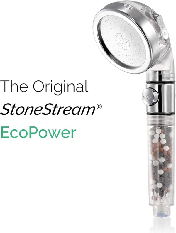 61oD72iu5bL._AC_SL1500_.jpg Original StoneStream Filtered Shower Head, Eco Power High Pressure Water Softener Showerhead with ON/OFF switch and Spa like Ionic beads for Dry Skin & Hair — 3 Spray Settings