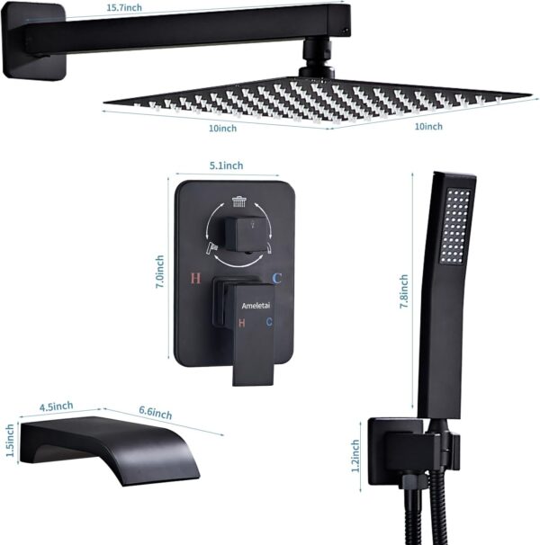 Shower Faucet Set, Black shower system with Square Rainfall Shower head, Handheld Wall Mounted Showerhead and Waterfall Tub Spout, 10 Inch, Metal Shower Faucet Trim Repair Kits