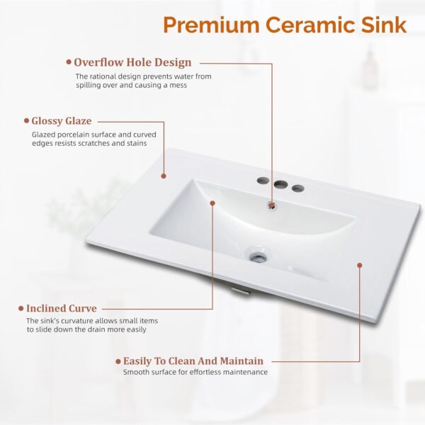VINGLI Bathroom Vanity with Ceramic Sink, 30 Inch White Bathroom Sink Cabinet Combo, Restroom Basin Cabinet with 2 Doors,Modern Lavatory Laundry Room Freestanding Organizer w/4-Tier-Hidden Storage