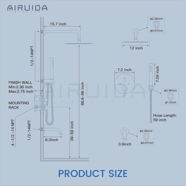 Airuida Round Shower System Set with Tub Spout,Wall Mount 3 Function Rain Shower Faucet Set,2 Functions Handheld Shower Tub Spout Tub Shower Combo Set Fixtures 12 Inches Shower Head Brushed Nickel
