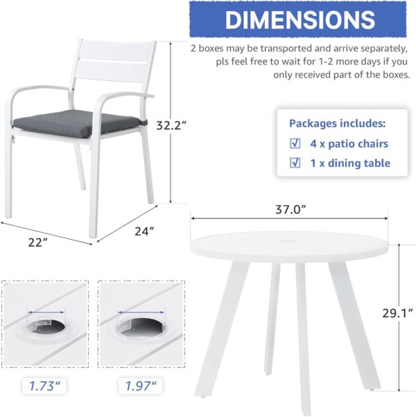 61pDsqbYYfL._AC_SL1500_.jpg Soleil Jardin 5 Piece Outdoor Dining Set, Aluminum Patio Furniture Dining Set with Round Dining Table w/Umbrella Hole and 4 Stackable Chairs w/Cushions for Yard, Garden, Porch and Pool, White