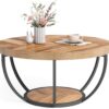 LITTLE TREE Round Coffee Table, 32" Circle Coffee Table for Living Room, 2-Tier Wood Accent Center Table with Open Storage Industrial Design Home Furniture (Wood Grain and Black)