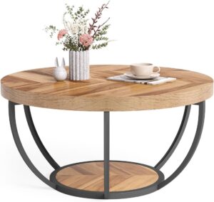LITTLE TREE Round Coffee Table, 32" Circle Coffee Table for Living Room, 2-Tier Wood Accent Center Table with Open Storage Industrial Design Home Furniture (Wood Grain and Black)