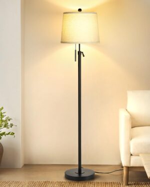 Floor Lamps for Living Room, Black Floor Lamp Adjustable Height Standing Lamp, Dimmable Modern Tall Floor Lamp for Bedroom Office with Beige Linen Shade, 8W 3000K Bulb Included