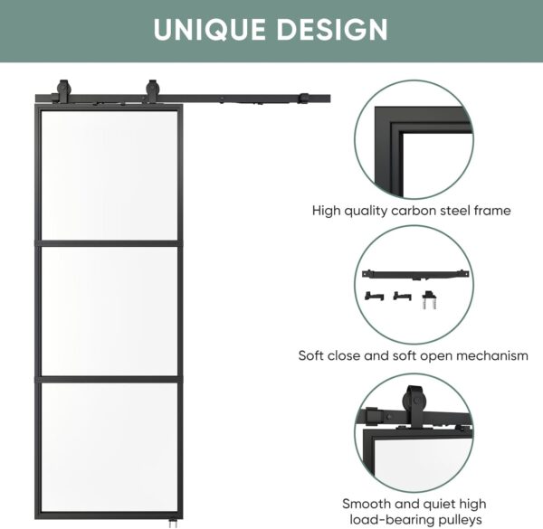 JUBEST 36in x 96in Glass Barn Door, Clear Tempered Glass Carbon Steel Pre Drilled Frame Sliding Barn Door Panel with 6FT Hardware Kit and Soft Close, Easy to Install