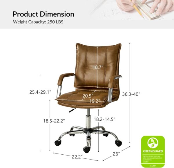 HULALA HOME Faux Leather Home Office Desk Chair, Adjustable Swivel Computer Chair with Sliver Legs and Arms, Comfy Upholstered Task Chair(Camel)
