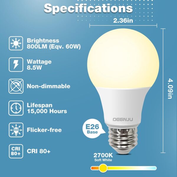 LED Light Bulbs, 60 Watt Equivalent LED Bulbs A19, 2700K Soft White, 800 Lumens, E26 Standard Base, Non-Dimmable, 8.5W Warm White LED Bulbs for Bedroom Living Room, 12 Pack