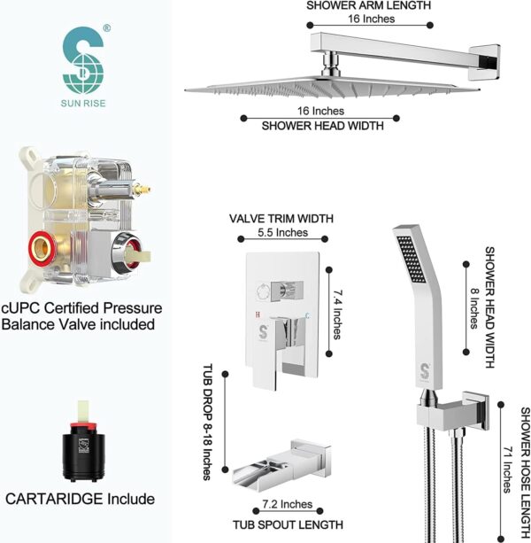 SR SUN RISE 12 Inches All Metal Square Shower System with Tub Spout, Tub Shower Faucet Set, High Pressure Rain Shower Head and Handheld Sprayer Combo Shower Fixtues, Valve Included, Polished Chrome