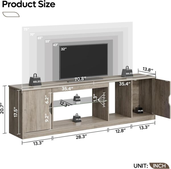 Bestier LED TV Stand for 65/70/75/80 Inch TV, 70 inch Gaming Entertainment Center with Adjustable Glass Shelves & Storage Cabinet for PS5, Xbox, Modern TV Console Table for Living Room, Grey Wash