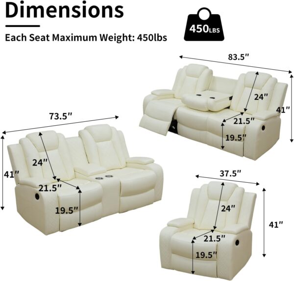White Leather Power Reclining Chair with LED Light，38" Power Recliner Chair Home Theater Seat with USB Port for Living Room Furniture
