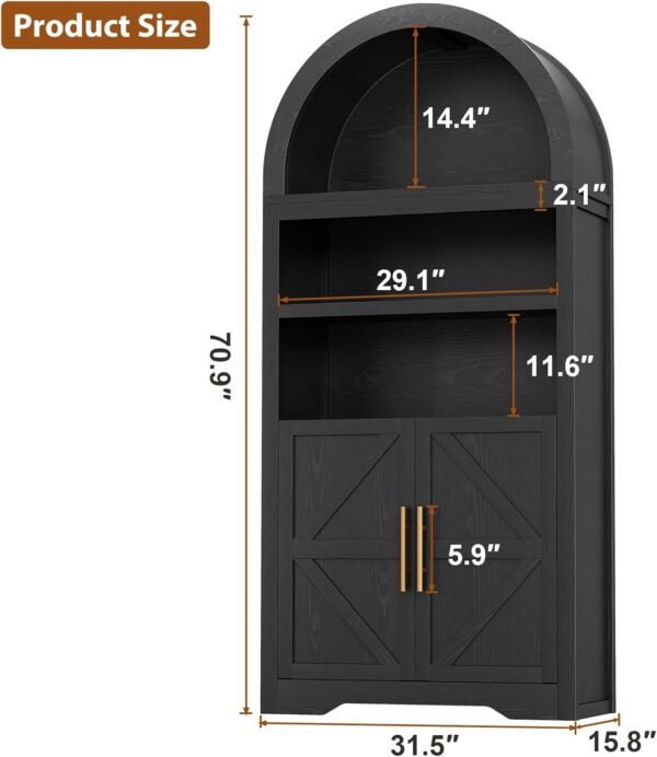 Arched Bookshelf Bookcase China Pantry Storage Cabinet with Doors and Shelves,Kitchen Pantry Cabinet,71“ Tall Food Pantry Furniture for Living Room, Dining Room (Black)