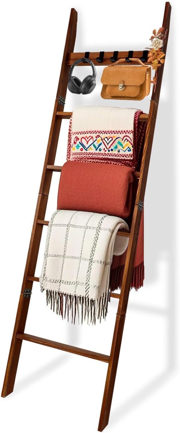 Wooden Blanket Ladder with Removable Hooks, 6-Tier 5.66 Ft (68 Inch) Rustic Blanket Rack, Blanket Ladders for Living Room & Bedroom, Easy Assembly, Perfect for Displaying Blankets & Scarves, Brown