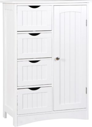 Wooden Floor Storage Cabinet with 4 Drawers and 1 Door, Freestanding Bathroom Storage Cabinet, Entryway Unit Console Table for Bathroom, Living Room, Home Decor, White