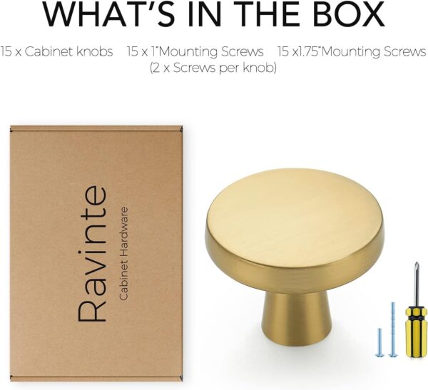 Ravinte 30 Pack Solid Knobs Kitchen Cabinet Round Pulls Dresser Handles Gold Cupboard Hardware Brushed Brass Door Drawer Knobs