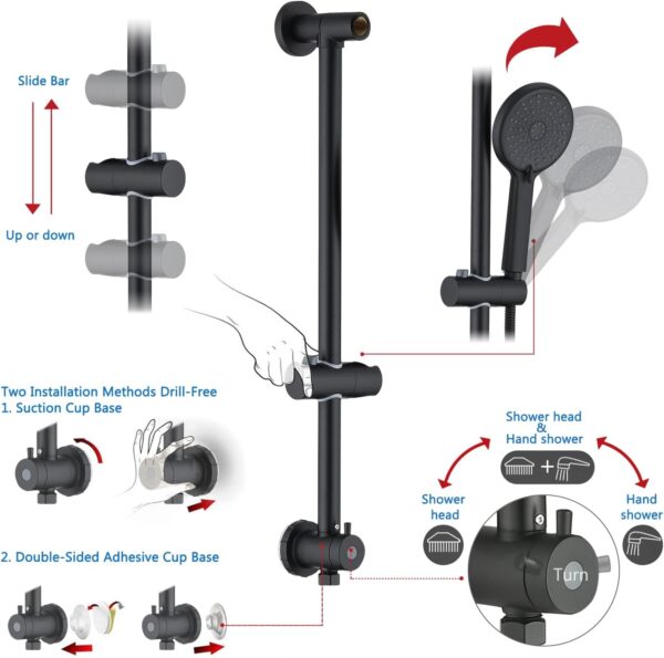 10 Inch Rain Shower Head with Handheld System, 24" Drill-free Slider Bar with Low 3-Way Diverter for Easy Reach, 4 Setting Handheld Spray with 5Ft Stainless Steel Hose - Matte Black