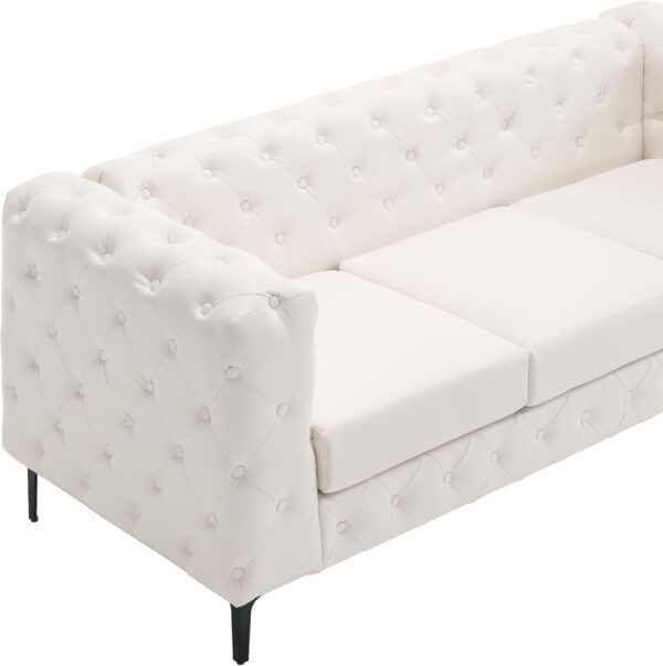 Morden Fort Button Tufted Faux Leather Modern Luxury Couch, 3 Seater Sofa with Deep Seats Couches for Living Room, Office, Apartment, White