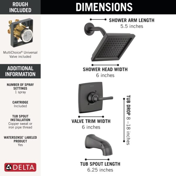 Delta Faucet Geist 14 Series Tub and Shower Trim Kit, Black Shower Faucet with Single-Spray Matte Black Shower Head, Shower Faucet Set Complete, Matte Black 144864-BL (Valve Included)