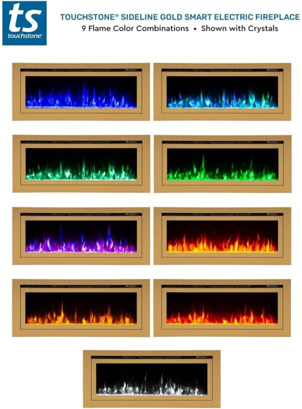 Touchstone Sideline Deluxe -Gold Smart Electric Fireplace- 50" Wide- Alexa/WiFi-Enabled- in Wall Recessed- 5 Flame Settings- 9 Flame Colors- 1,500W Heater- Log & Crystal Options- 86275